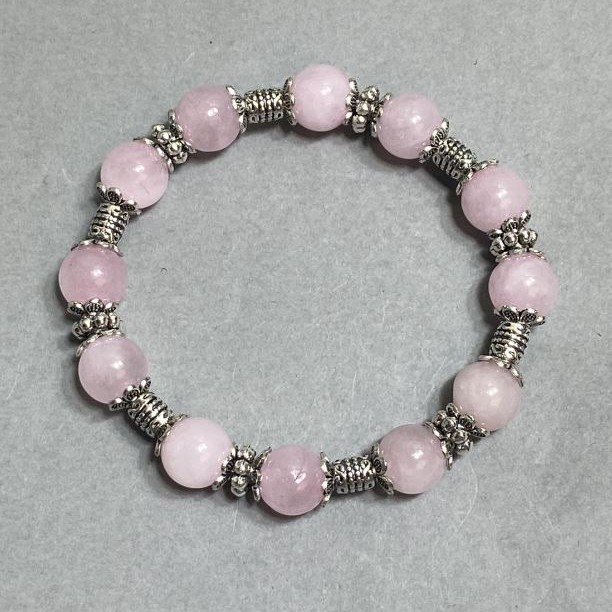 Pink Quartz Bracelet, Smooth 10 mm Beads with Metal Inlays, Stretch, 18 cm ±