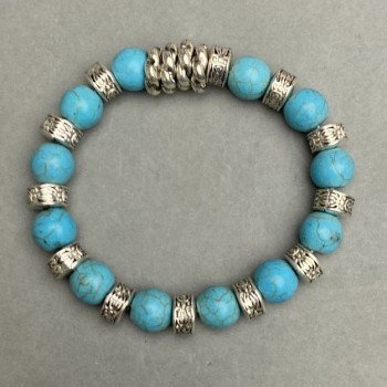 Elastic turquoise bracelet, diameter 10 mm (±) with metal inserts, length 18 cm +