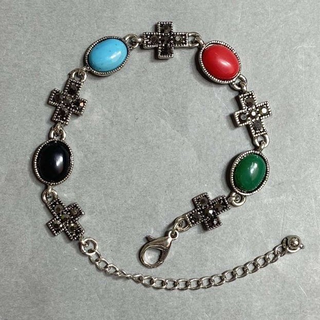 ( 20 cm ) Bracelet with multicolored stones and rhinestones, silver-tone metal