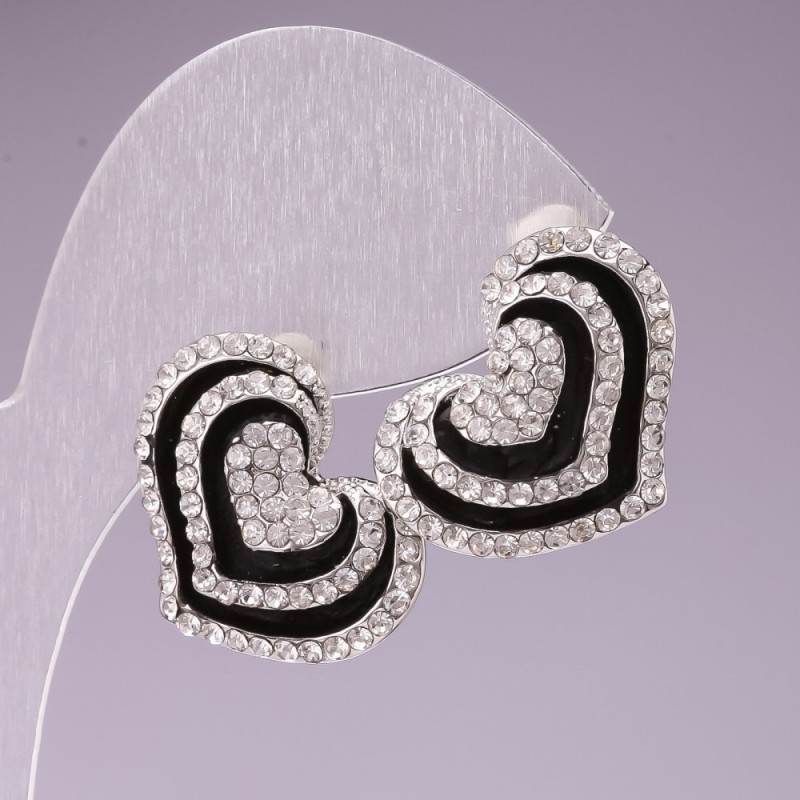 Stud Earrings 'Heart' Evening / Black Enamel / White Crystals / Silver-Tone Metal / 25mm
