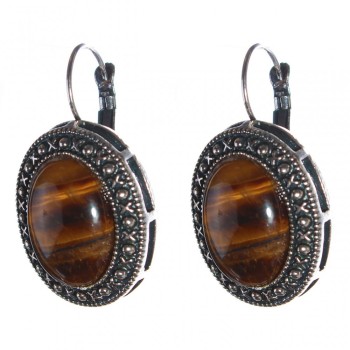 Clearance. Tiger's Eye Earrings in the 'dot-cross' setting, oval stone 2.5×2 cm, length 3.8 cm