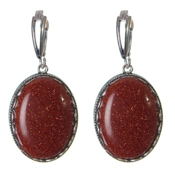 Discounted Aventurine Earrings 'Golden Sand' - Prong Setting - Oval Stone 2.8×2.1 cm, Length 4.5 cm