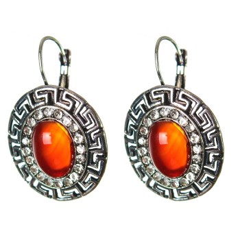 Clearance Carnelian Earrings in a Greek Setting with Crystals, Oval Stone 2.5×3 cm, Length 3.9 cm