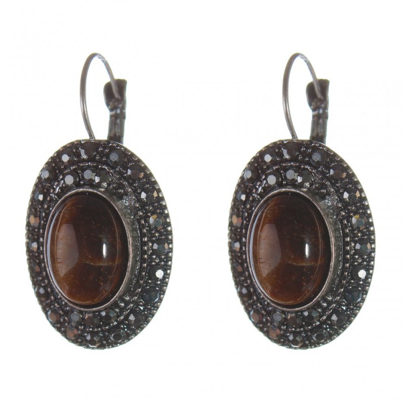 Clearance Tiger's Eye Earrings in a 'drop silver' setting, oval stone 2.5×1.9 cm, length 3.5 cm