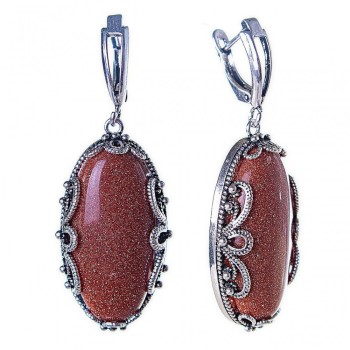 Discounted Aventurine Earrings 'Golden Sand' Openwork Frame, Oval Stone 3×1.7 cm, Length 5 cm