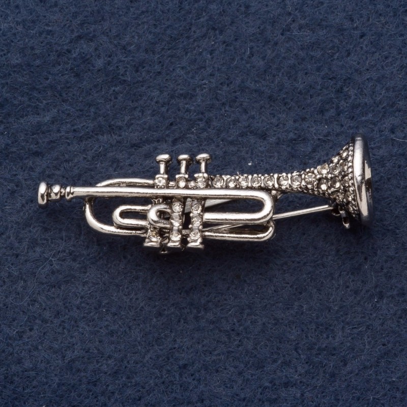 Brooch 'Trumpet' 5 x 1.5 cm crystals, gray metal