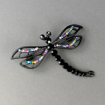 Brooch 'Dragonfly Queen of the Night' 5x6 cm black metal, colored crystals