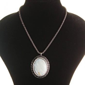 Pendant on chain with large dark gray mother-of-pearl, metal Greek setting with crystals, oval 45×55 mm, length 46–56 cm