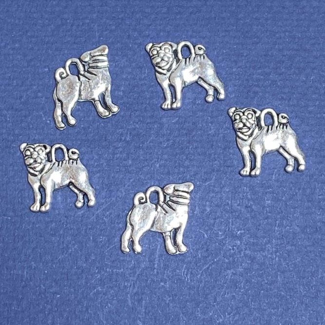 Pug dog pendant hardware, length 16mm, diameter 1-1.5mm, silver finish, 20 g +/- 13 pcs
