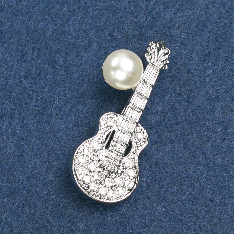 Brooch Guitar in silver-toned metal with bead and crystals 45×15mm +