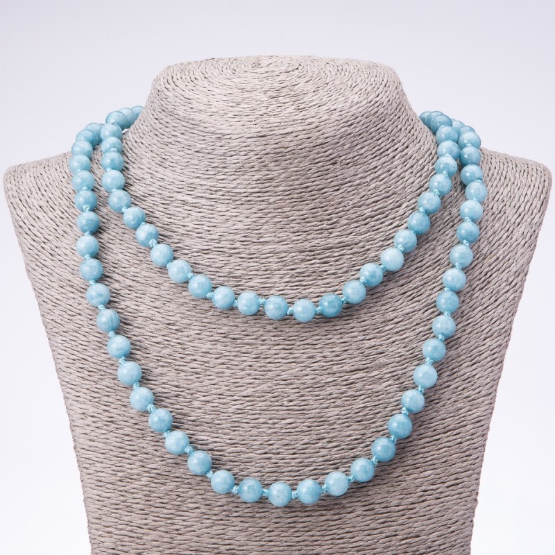 Long Aquamarine Gemstone Necklace with Smooth Beads, 8 mm Diameter, 110 cm Long