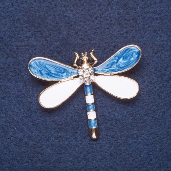 Brooch 'Dragonfly' white and blue enamel, gold metal color, 4.5×3.5 cm