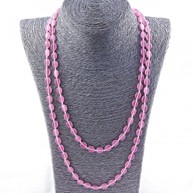 Long Pink Cat's Eye Oval Necklace 10×8 mm, 115 cm length