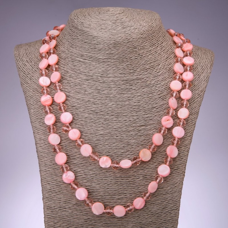 Long Necklace Pink Mother-of-Pearl Coin, 120cm