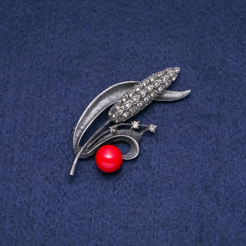 Brooch Pendant: Ear of Wheat with Red Majorca Pearls 68x30mm