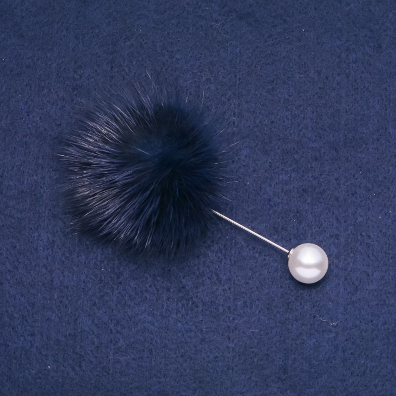 Navy Blue Mink Fur Brooch Pin, Diameter 50 mm, Length 90 mm