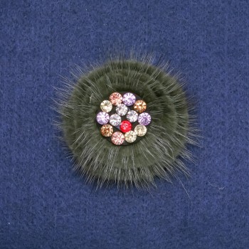 Green mink fur brooch with crystals, 60 mm diameter