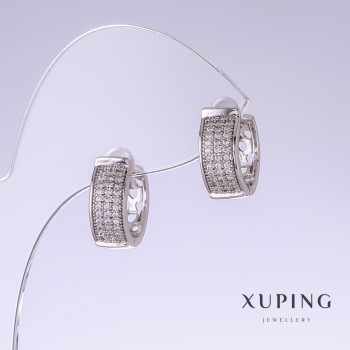 Earrings Xuping with White Cubic Zirconia Stones, 15 mm long, 6 mm thick, rhodium-plated