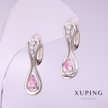 Xuping Earrings with Pink Stone, Rhodium-Plated