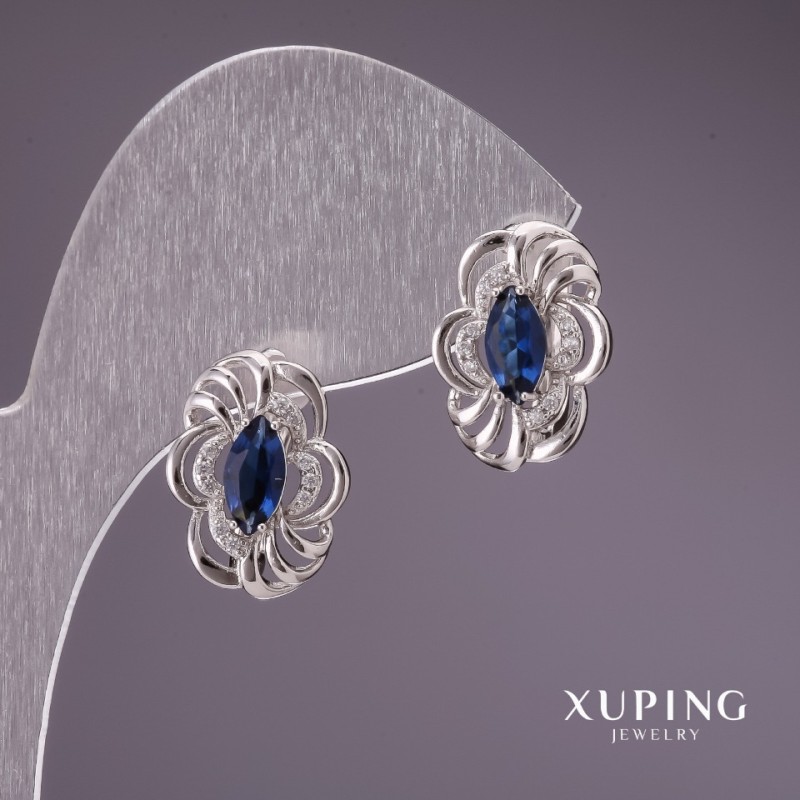 Xuping Earrings with Blue Stones 17x12mm Rhodium Plated