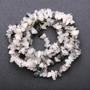 Beads of natural stone: Rutilated Quartz 'Hairy', white quartz on thread, chip beads, diameter 5-8 mm (±), length 85 cm