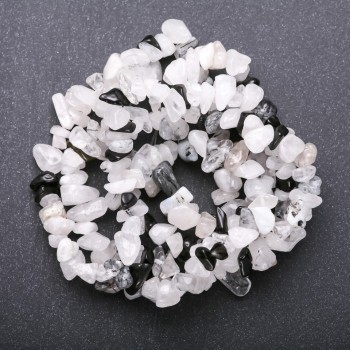 Beads of natural stone Rutile quartz 'Hairy', white quartz, black agate on a thread, chip beads, 5-8 mm diameter (±), length 85 cm