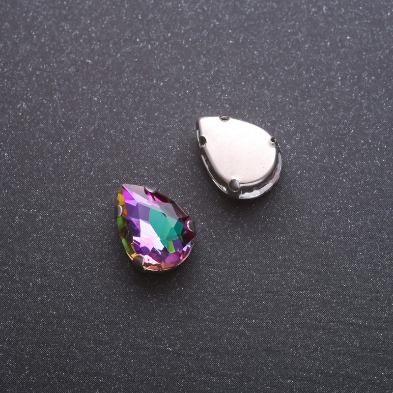 Price per pack / 10 pcs. Sew-on crystal in drop prong 10x14 mm Raspberry-Green