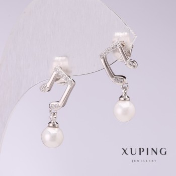 Xuping Earrings 'Notes' with White Mallorca Pearls 20x6mm Rhodium