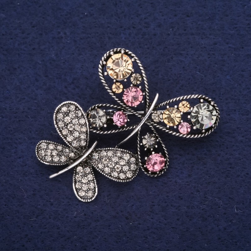 Brooch 'Butterflies' with Crystals, Yellow, Purple, and Gray, 45x35 mm, Silver Metal