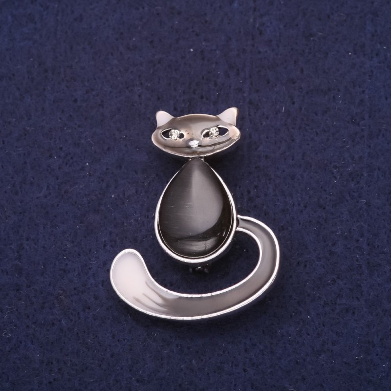 Brooch Kitty enamel Cat's eye color black 39x30 mm silver metal