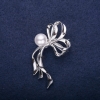 Clearance Bow Brooch with Pearl Bead, White, 50×30 mm, Silver-Toned Metal
