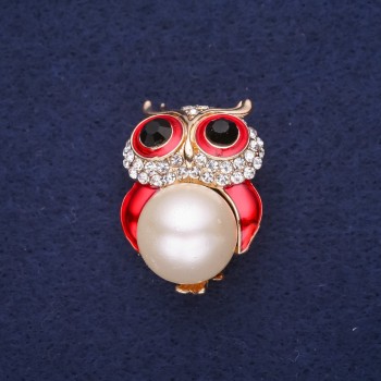 Brooch 'Owl with Pearl Bead', enamel and crystals, colors white, red, black, 32×22 mm, gold-tone metal