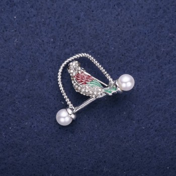 Bird Brooch with crystals green-burgundy color 32×23 mm silver-colored metal