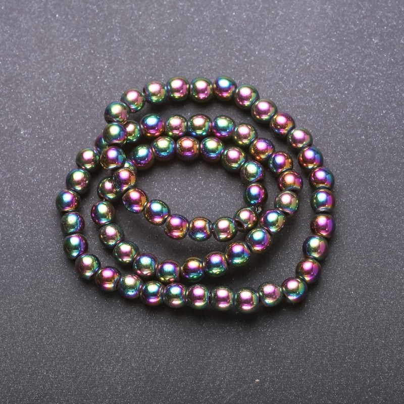 Hematite beads on a rainbow-coated thread, 'Gasoline' smooth round beads, 6 mm diameter, 38 cm length