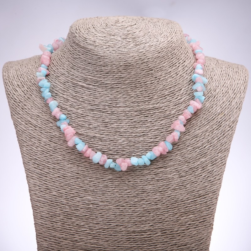 Beaded necklace with tinted pink and blue quartz chips, 7± mm in diameter, 42–48 cm long