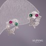 Xuping Butterfly Stud Earrings with Crystals, White, Green, and Raspberry, 13×12mm, Rhodium-plated