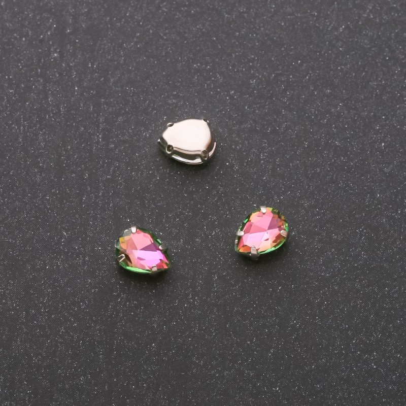 Sew-on Crystal Drop 6×8 mm Pink-Green on Metal Pin