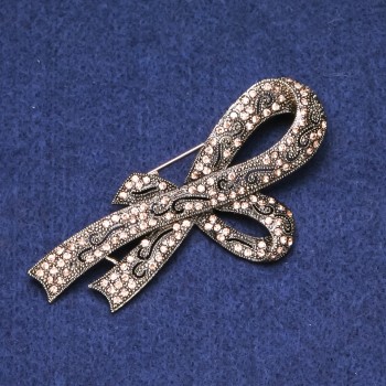 Bow Brooch with Golden Crystals, Gold-Tone Metal 39x80 mm
