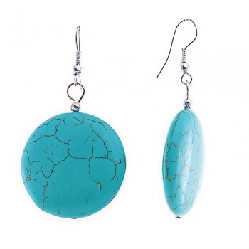 Dangle earrings with round turquoise cabochon coins, with veining, 53×28 mm