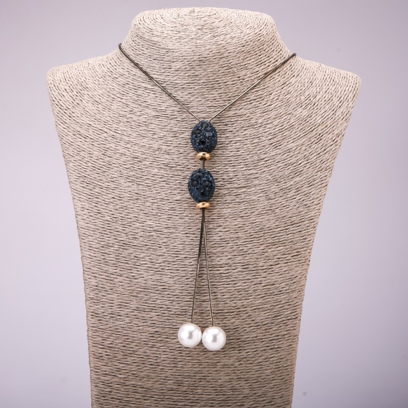 Tie-bar pendant with blue crystals on a long metal chain 'black gold', diameter 16x48 mm, length 70 cm