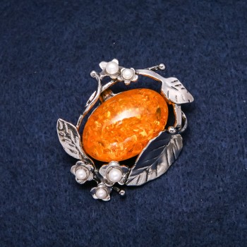 Amber Brooch (Synthetic) 47×38 mm, Yellow, White, and Silvery Metal