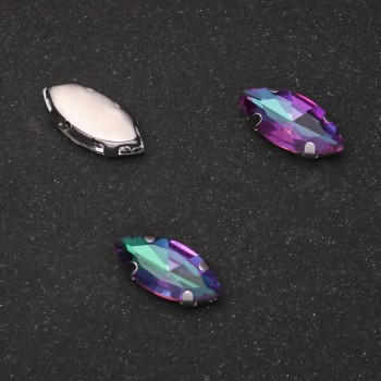 Price per pack (10 pcs.) Sew-on crystal in cap Oval 7×15 mm green-magenta