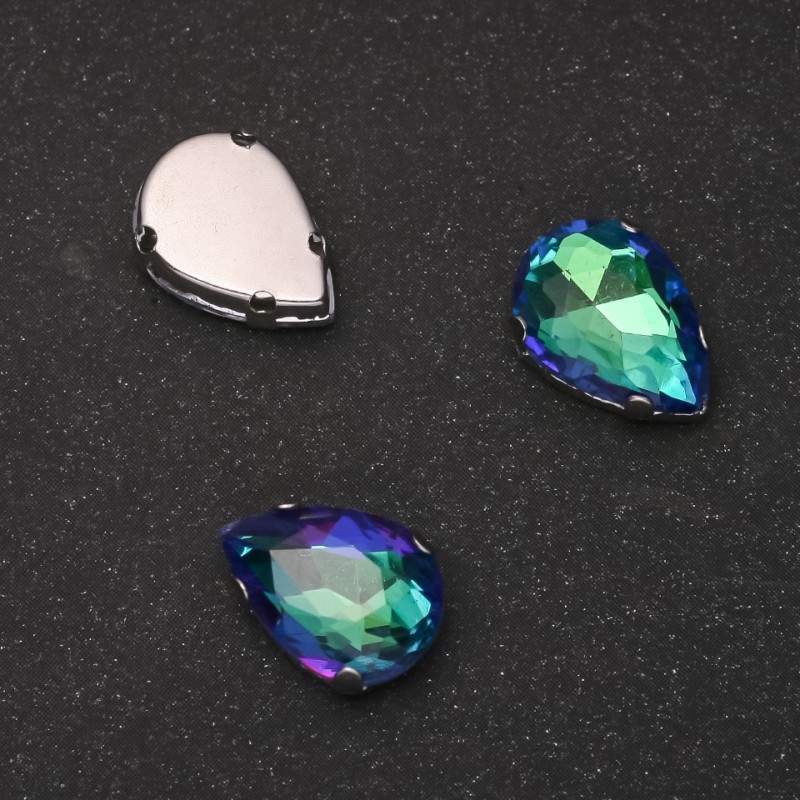 Pack of 10 Sew-on Crystal - Drop Shape, 10×14 mm, Green-Blue