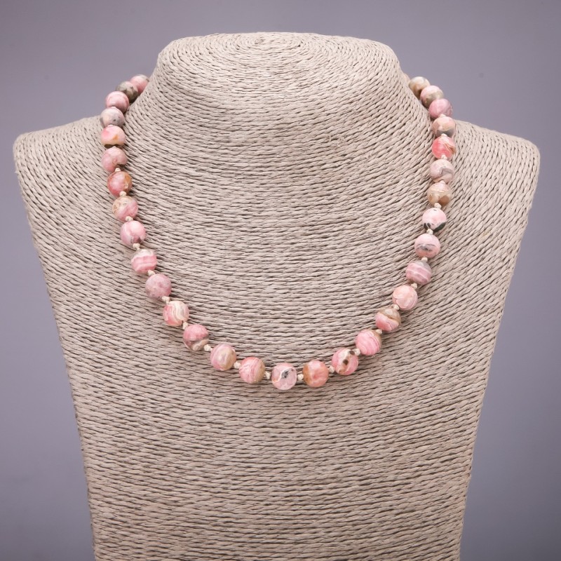 Rhodochrosite natural stone necklace with smooth beads, 8 mm diameter, 44 cm long