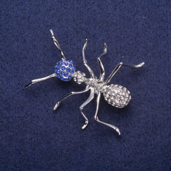 Ant Brooch with Rhinestones, Silver-Colored Metal 35×44 mm