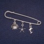 Brooch pin with sea pendants, silver-tone metal 13x60mm