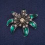 Flower Brooch with Green Enamel and Crystals, Gray Metal 37×41 mm