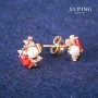 Xuping Stud Earrings with Red Crystals and Majorca, 8x13 mm diameter, 18K Gold Plating