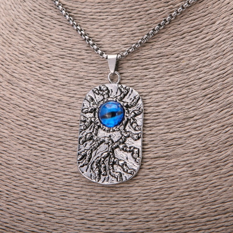 Dragon Eye Pendant, blue 30×58 mm on a chain, 65 cm length, silver-colored metal