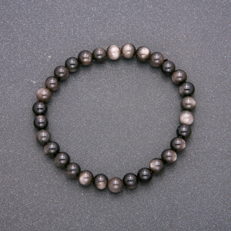 Bracelet with natural stone: Silver Obsidian on elastic, smooth beads, 6mm diameter, 18cm length